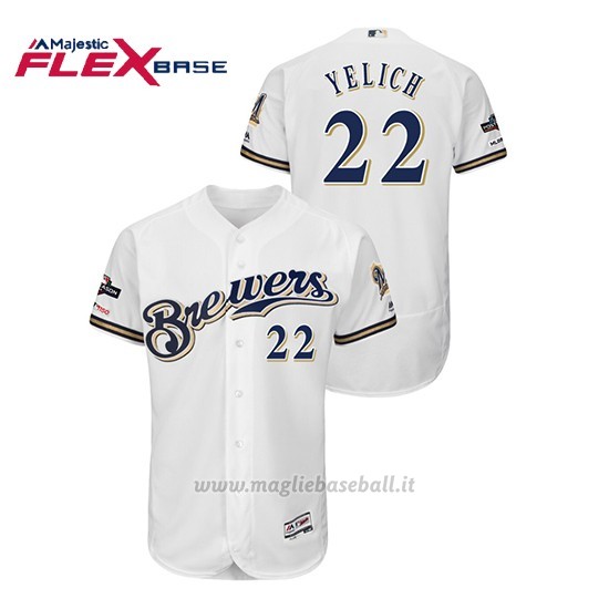 Maglia Baseball Uomo Milwaukee Brewers 22 Christian Yelich 2019 Postseason Flex Base Bianco